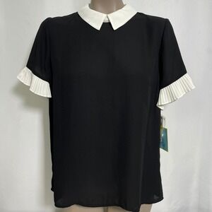 CeCe Rich Black Peter Pan Collar Pleated Ruffle Sleeve Blouse Women's MEDIUM NWT